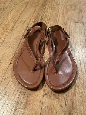 Tory Burch Brown Leather Thong Sandals with Gold Buckle